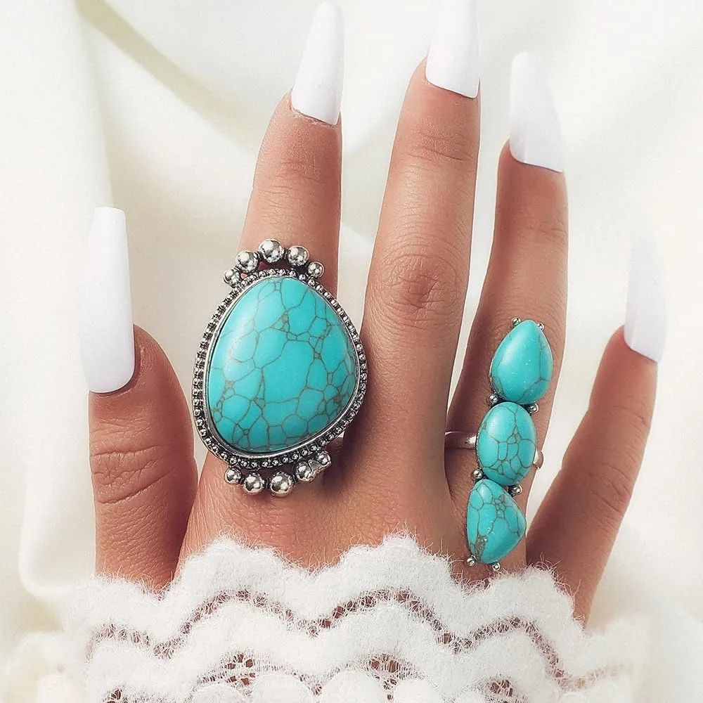 Bohemian Turquoise Ring for Women Western Rings Jewelry Stackable Knuckle Ring Set Vintage Rose Leaf Ring Set for Women