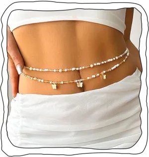 Boho Beaded Body Chain Pearl Shell Waist Chains Gold Butterfly Body Belly Chain Beach Bead Body Accessories for Women and Girls