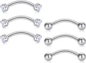 Briana Williams 6pcs Stainless Steel Rook Daith Earrings Belly Lip Ring Eyebrow Studs Cartilage Tragus Cubic Zirconia Barbell Body Piercing 8mm (5/16")