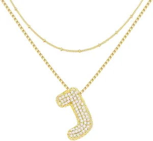 Bubble Letter Necklace, Gold Balloon Initial Necklaces for Women, Cubic Zirconia Dainty Charm Alphabet Pendant, 18K Gold Plated Custom Name Choker, Trendy Puffy Personalized Jewelry