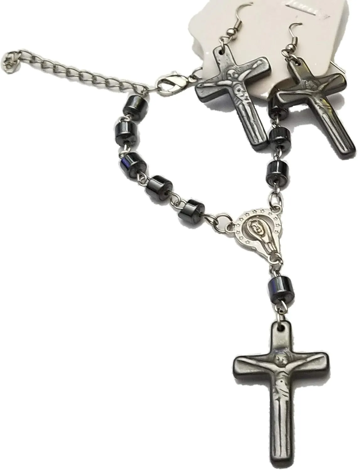 BUNFIREs Hematite Healing Religious Cross Bracelet Earring Set Faith Silver Tone Christian Gift Prayer Bracelets Earrings