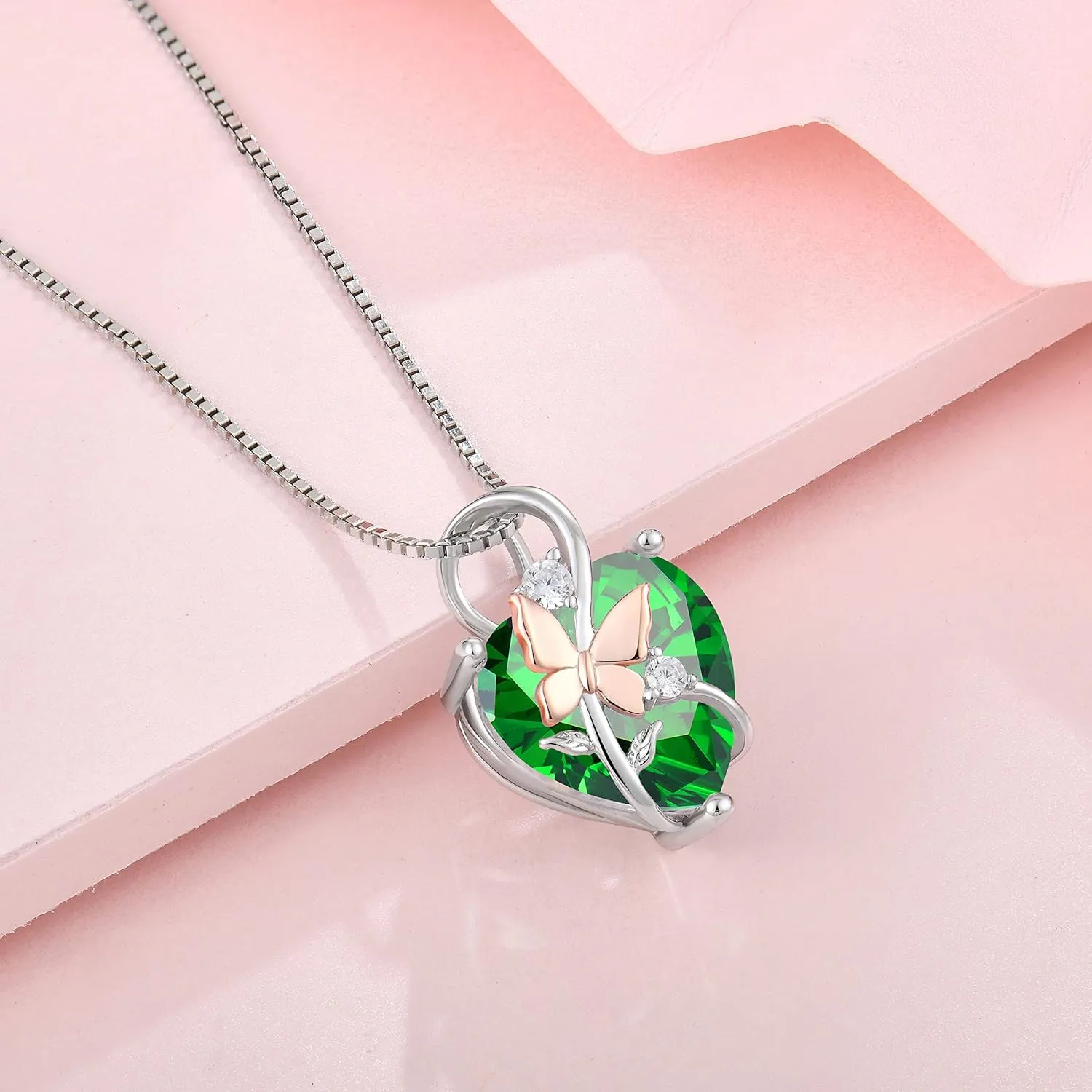 Butterfly Heart Necklaces for Women, 925 Sterling Silver 5A Cubic Zirconia Birthstone Pendant Jewelry Gifts, Anniversary Birthday Christmas Gifts for her