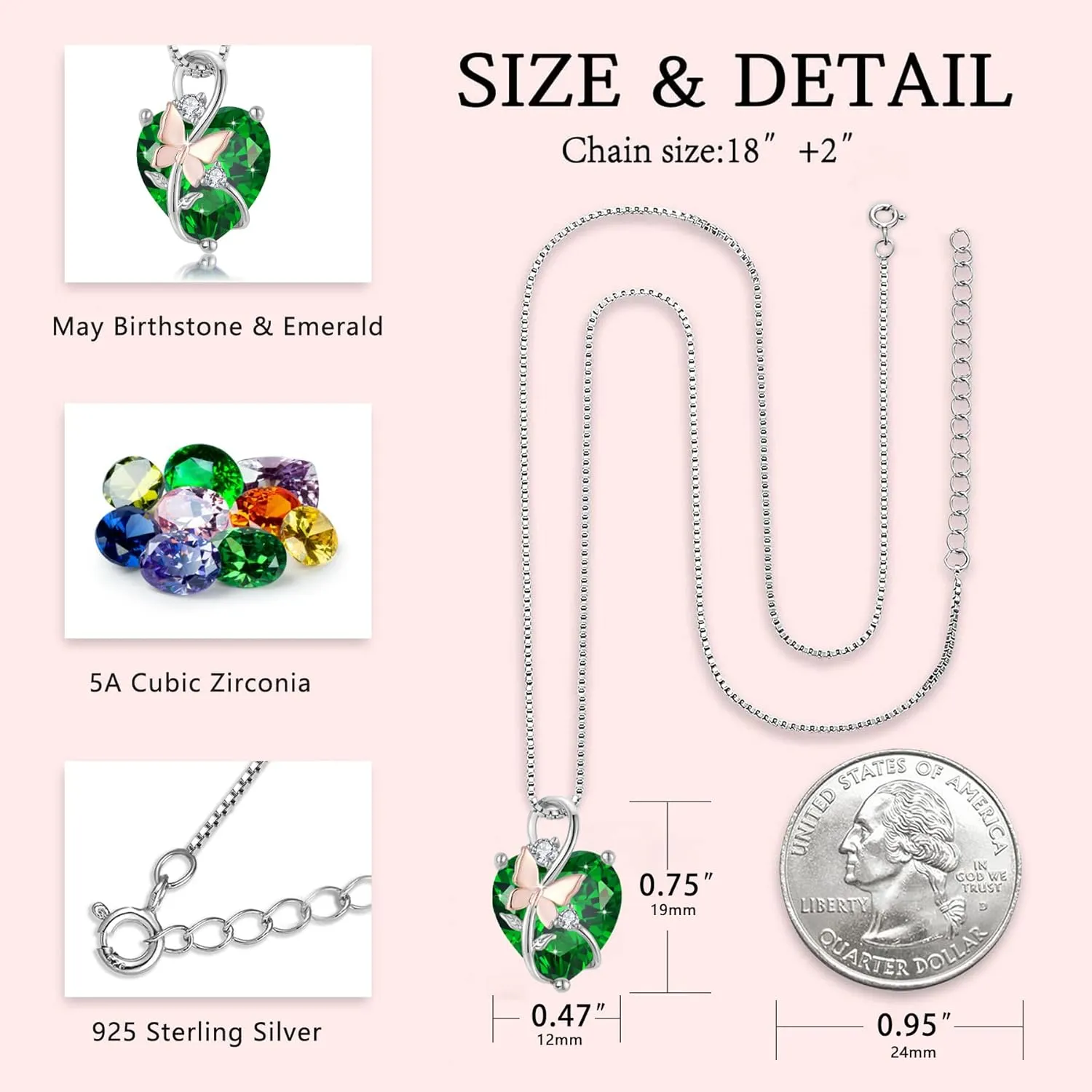 Butterfly Heart Necklaces for Women, 925 Sterling Silver 5A Cubic Zirconia Birthstone Pendant Jewelry Gifts, Anniversary Birthday Christmas Gifts for her