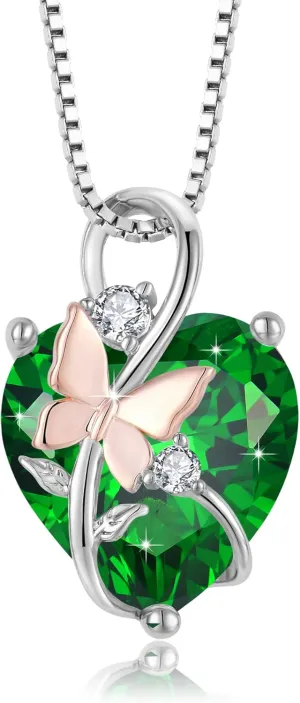 Butterfly Heart Necklaces for Women, 925 Sterling Silver 5A Cubic Zirconia Birthstone Pendant Jewelry Gifts, Anniversary Birthday Christmas Gifts for her