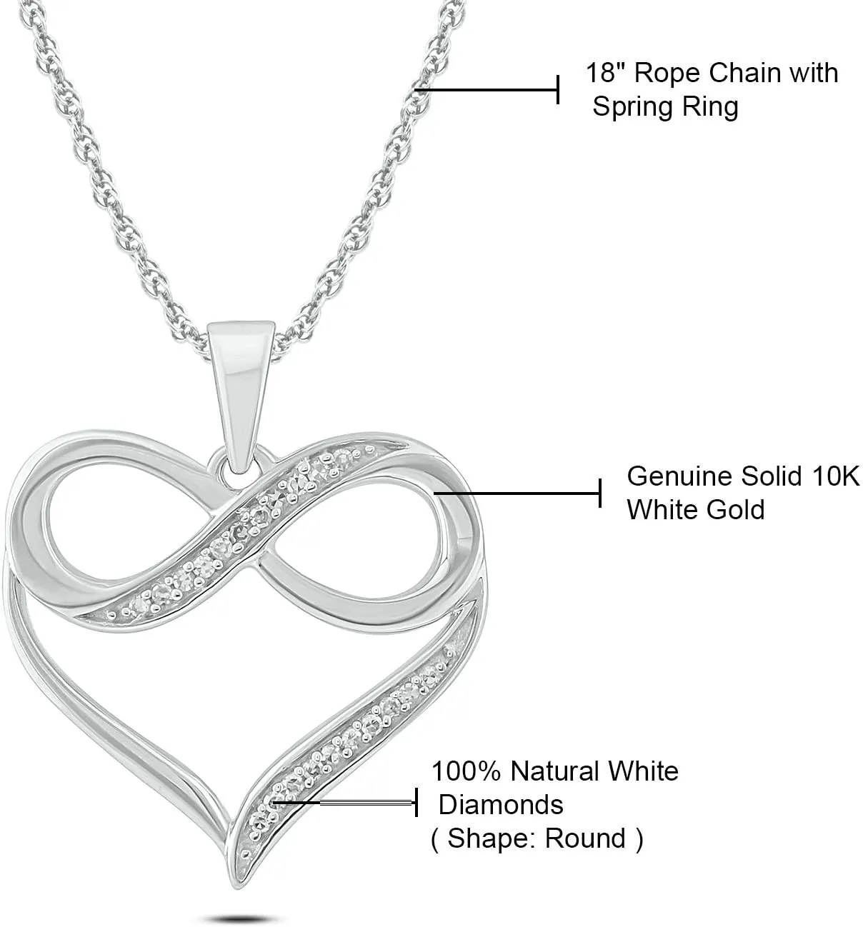Cali Trove 1/4ct & 1/20 ct Natural Diamond Infinity Heart Pendant Necklaces for Women in 10KT Gold | Diamond Heart Pendants for Women | 10KT Jewelry Gifts for Her in White, Yellow or Pink Gold