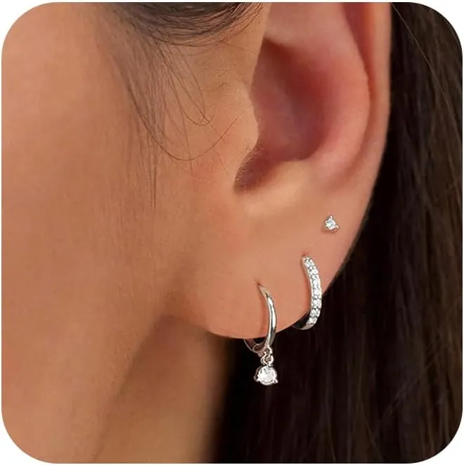 CAROVO Gold Hoop Earrings Set for Women, Dainty 14K Gold/Silver Plated CZ Cartilage Earring Hypoallergenic Stud Earrings for Women Huggie Small Hoop Earring Set Dangle Earrings Jewelry Gifts for Women Men