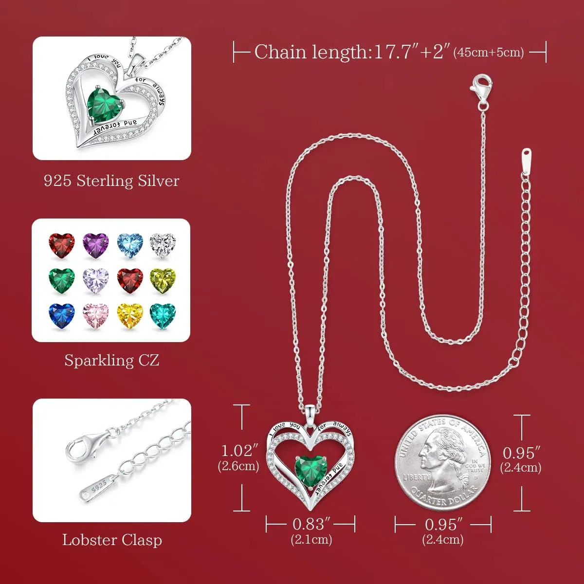 CDE Birthstone Necklaces for Women, 925 Sterling Silver Forever Love Heart Pendant Necklace, Birthday Jewelry Gift for Wife Mom Girlfriend Her