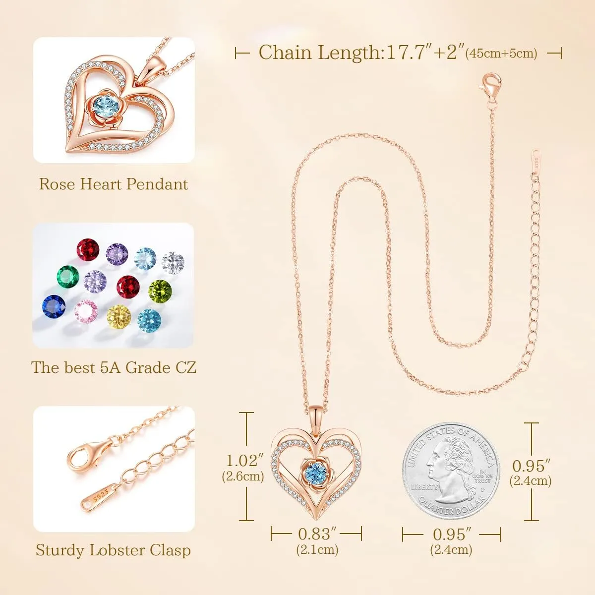 CDE Mothers Day Gifts for Mom, S925 Silver Rose Gold Heart Birthstone Necklaces for WomenIdeal Anniversary or Birthday Jewelry Gifts for Wife Girlfriend Her
