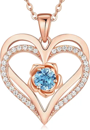 CDE Mothers Day Gifts for Mom, S925 Silver Rose Gold Heart Birthstone Necklaces for WomenIdeal Anniversary or Birthday Jewelry Gifts for Wife Girlfriend Her
