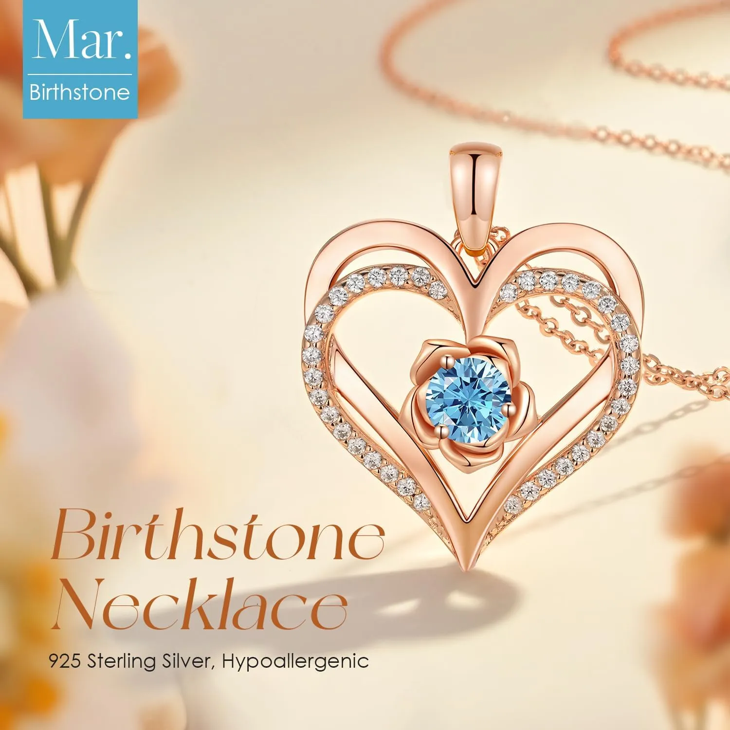 CDE Mothers Day Gifts for Mom, S925 Silver Rose Gold Heart Birthstone Necklaces for WomenIdeal Anniversary or Birthday Jewelry Gifts for Wife Girlfriend Her