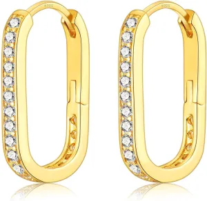 CERSLIMO Silver Hoop Earrings for Women, White Gold Plated Sterling Silver Post Cubic Zirconia Huggie Earrings | U-shaped Hypoallergenic Rectangle Chunky Earrings for Gifts