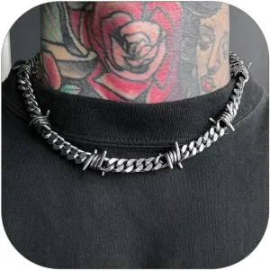 ChainsHouse Barbed Wire Cuban Necklace for Women Men Stainless Steel/18K Gold/Black Gothic Skull Thorns Choker Curb Necklaces Punk Jewelry,16"-20" inch Length