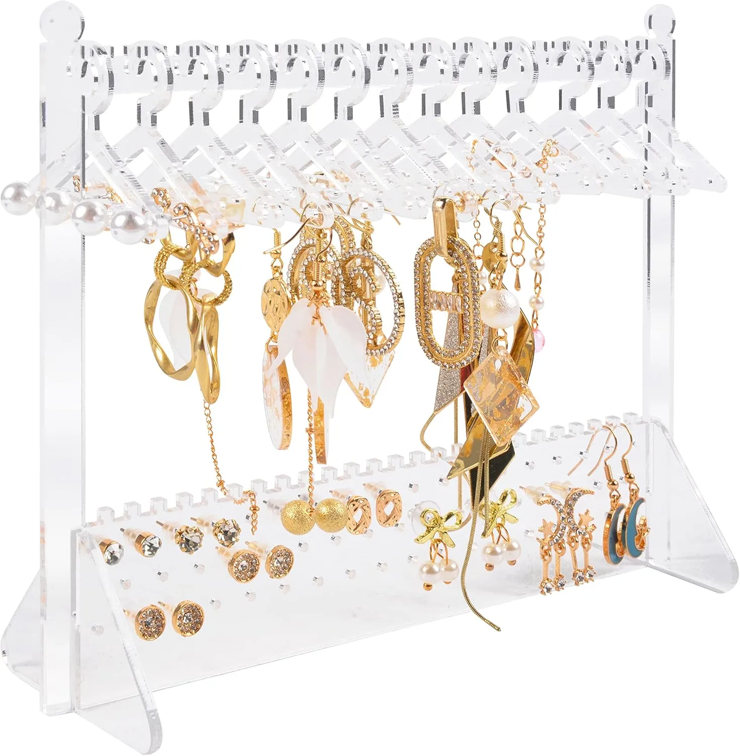 ChezMax Earring Organizer Stand, Clear Acrylic Jewelry Holder with Mini Hangers, Cute 134 Holes Earrings Hanging Display Rack, Transparent Piercings Dangle Ear Stud Towers Storage for Women Girls