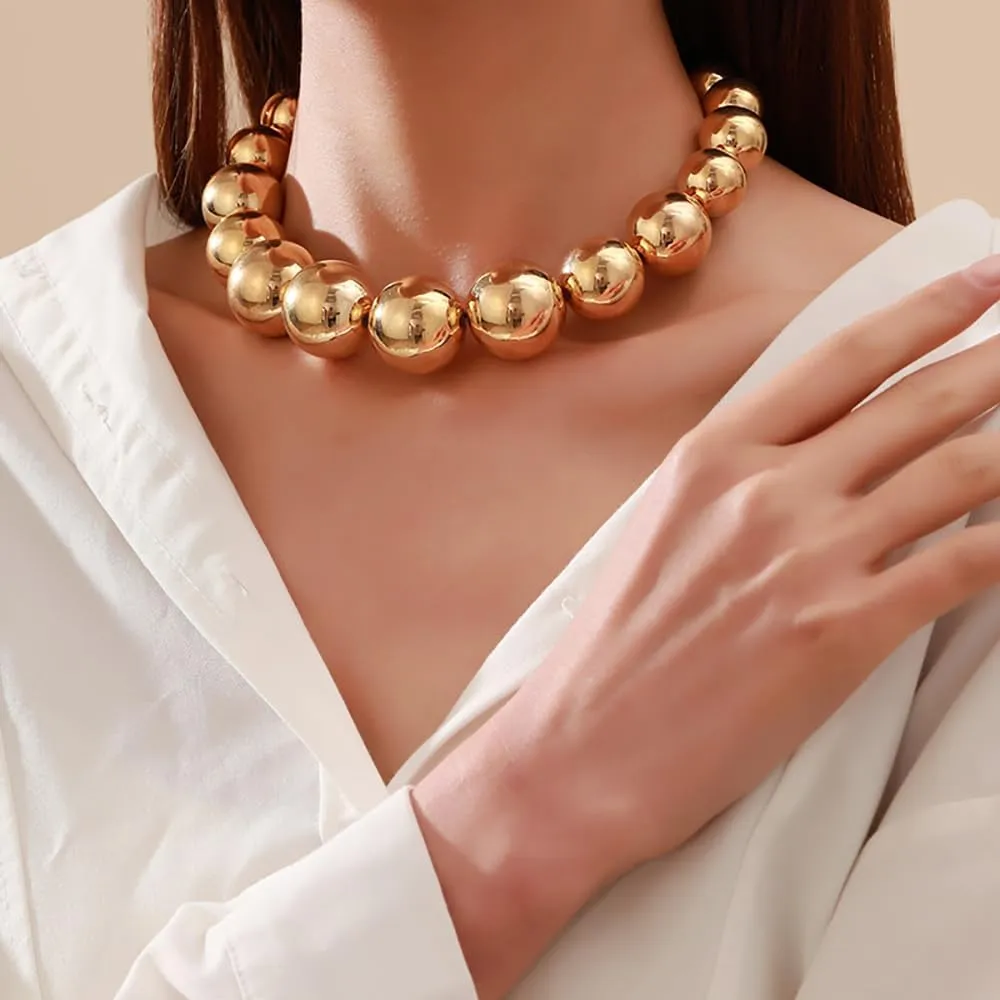Chunky Gold Bead Statement Choker Necklaces for Women Large Exaggerated Boho Gold Ball Chain Necklace Trendy Jewelry Accessories Gift