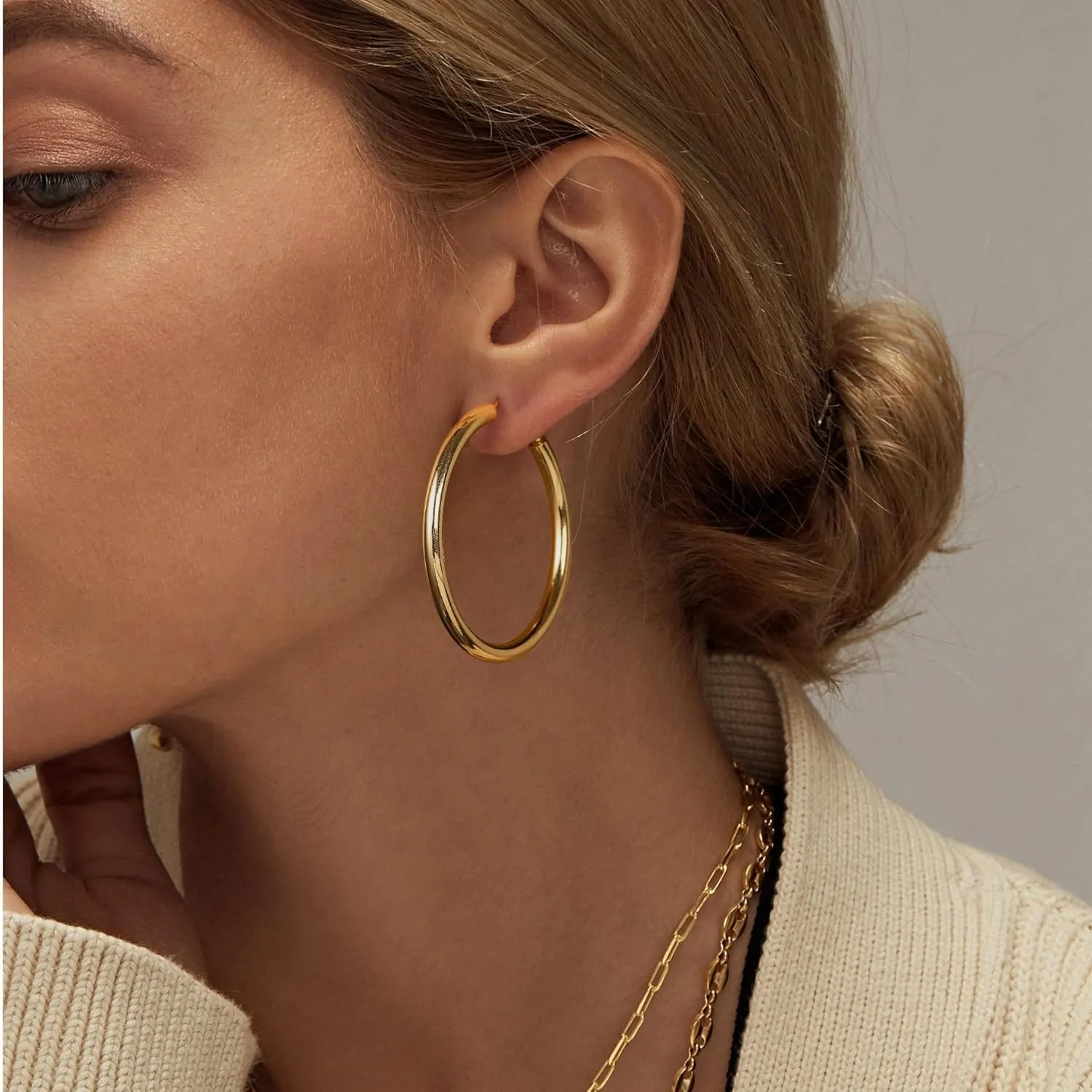 Chunky Hoop Earrings - Sterling Silver Post, Thick Gold Hoops, Hypoallergenic, Lightweight, Large 40/50/60MM
