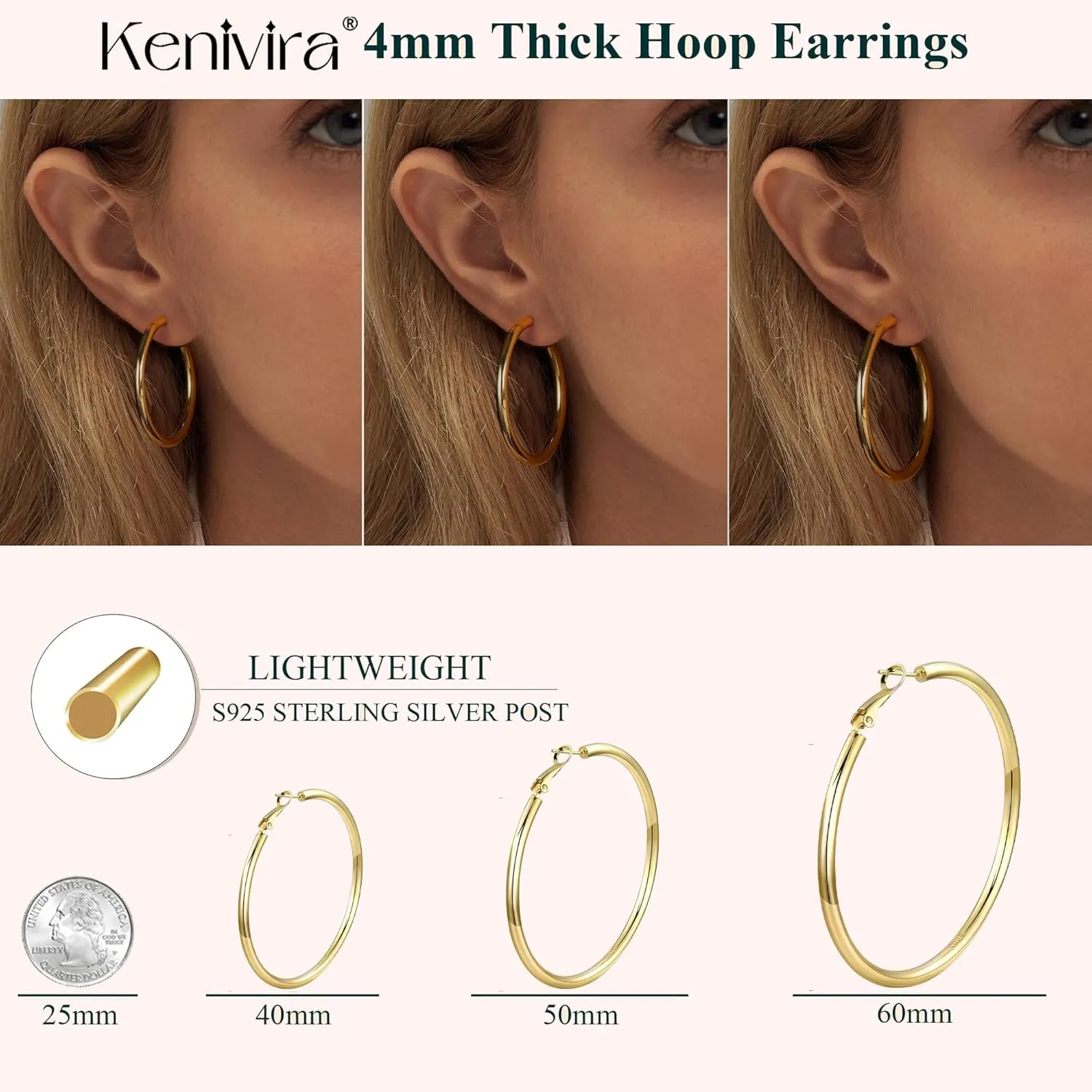 Chunky Hoop Earrings - Sterling Silver Post, Thick Gold Hoops, Hypoallergenic, Lightweight, Large 40/50/60MM