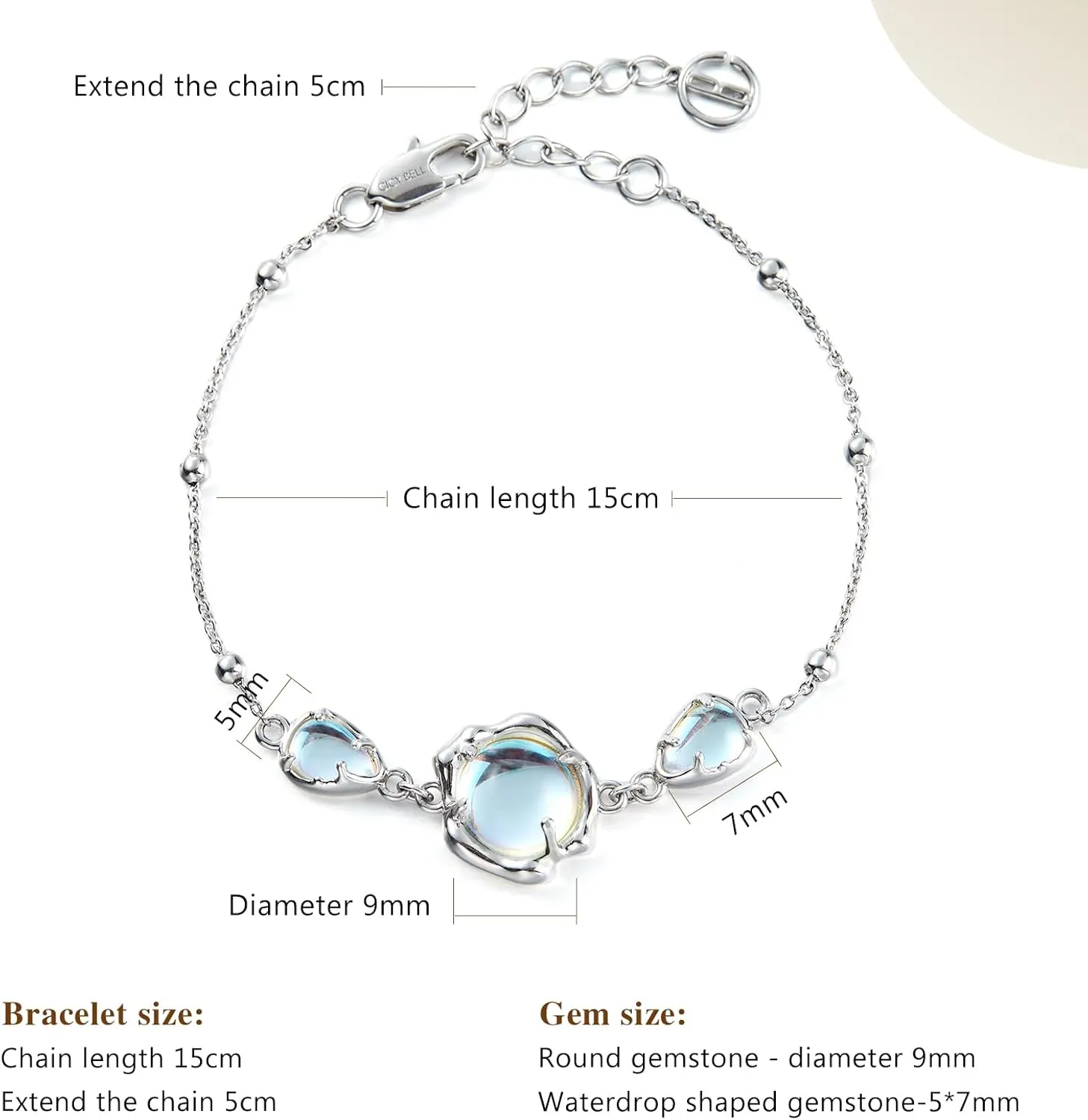 Cicy Bell Platinum Plated Link Bracelet for Women Synthetic Moonstone Adjustable Cable Chain Station Bracelets, 5.9"  1.9" Extender