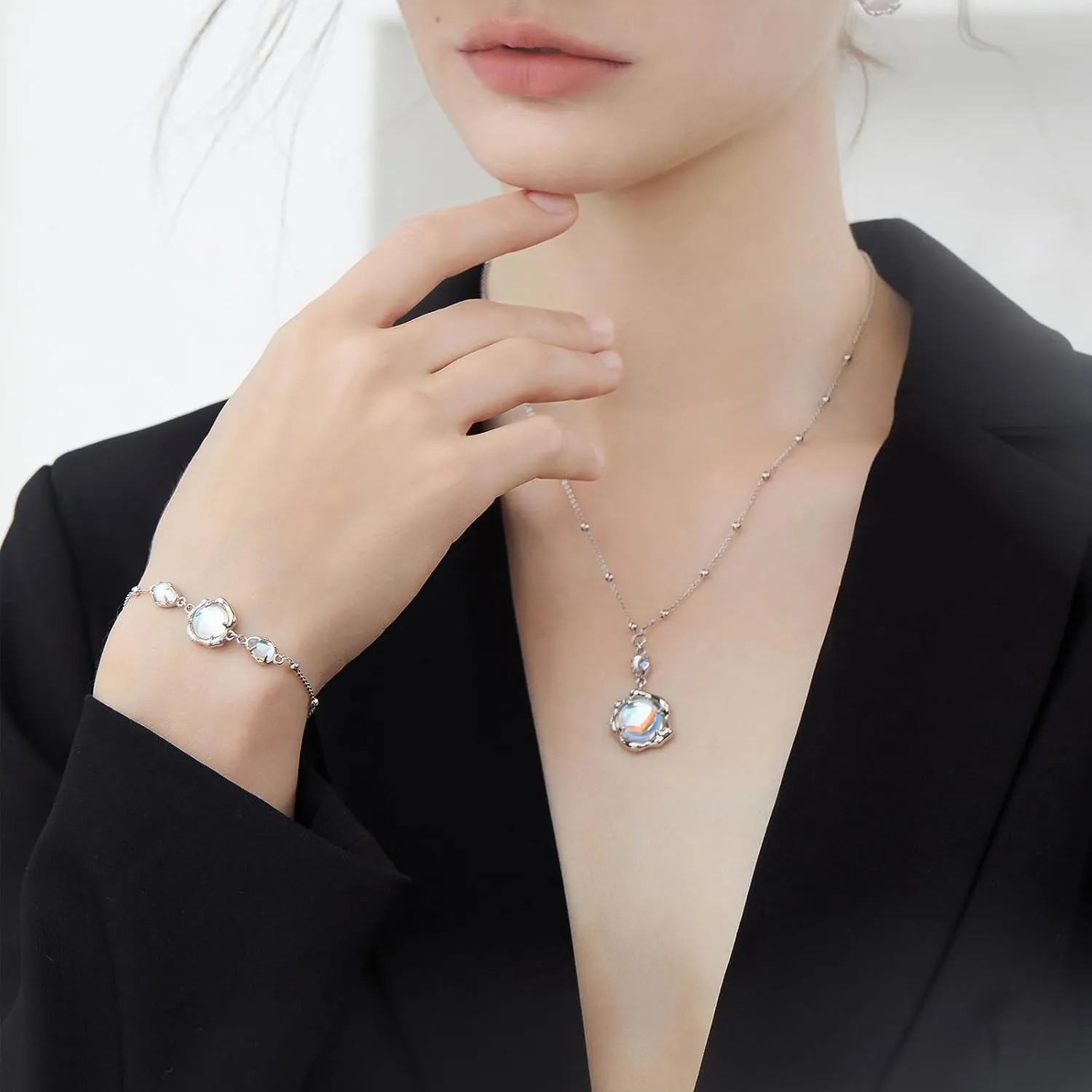 Cicy Bell Platinum Plated Link Bracelet for Women Synthetic Moonstone Adjustable Cable Chain Station Bracelets, 5.9"  1.9" Extender