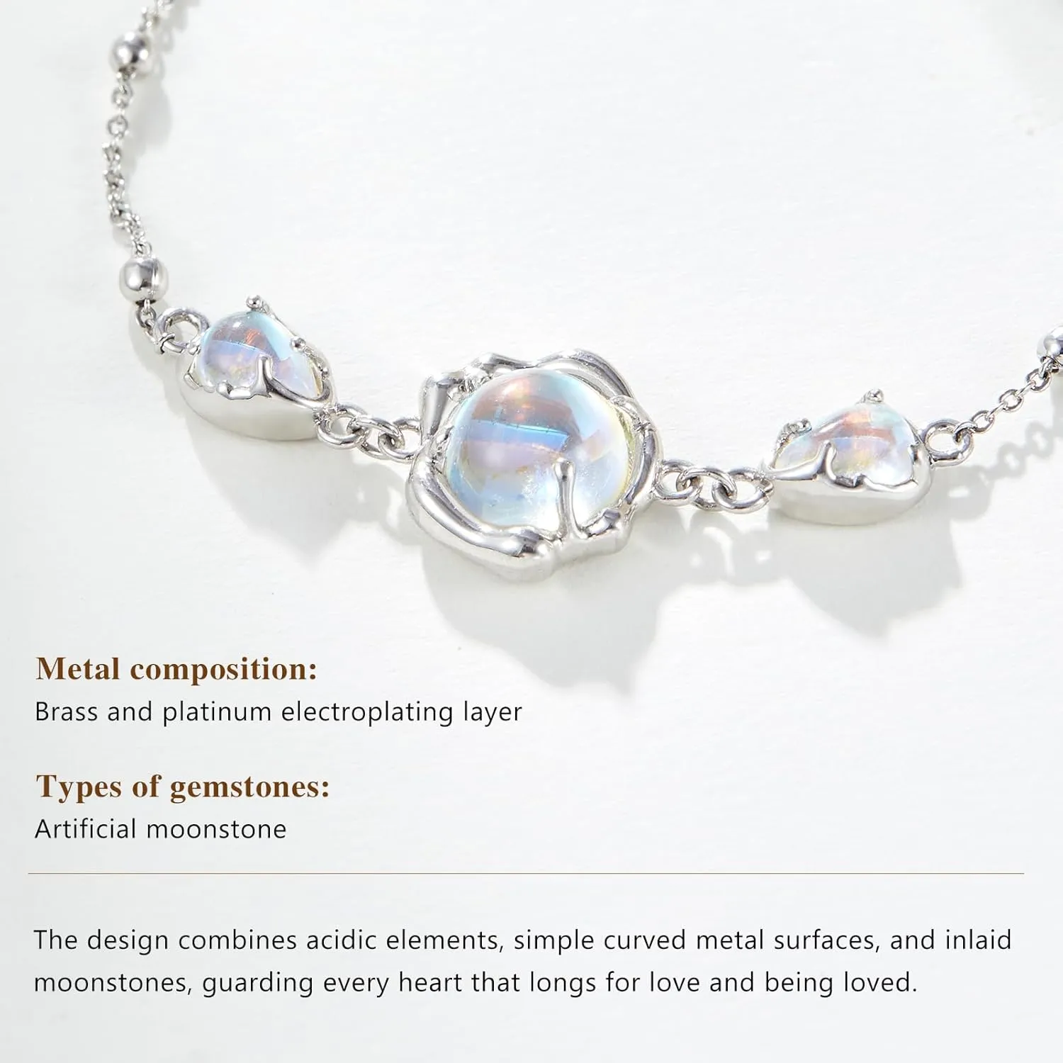 Cicy Bell Platinum Plated Link Bracelet for Women Synthetic Moonstone Adjustable Cable Chain Station Bracelets, 5.9"  1.9" Extender