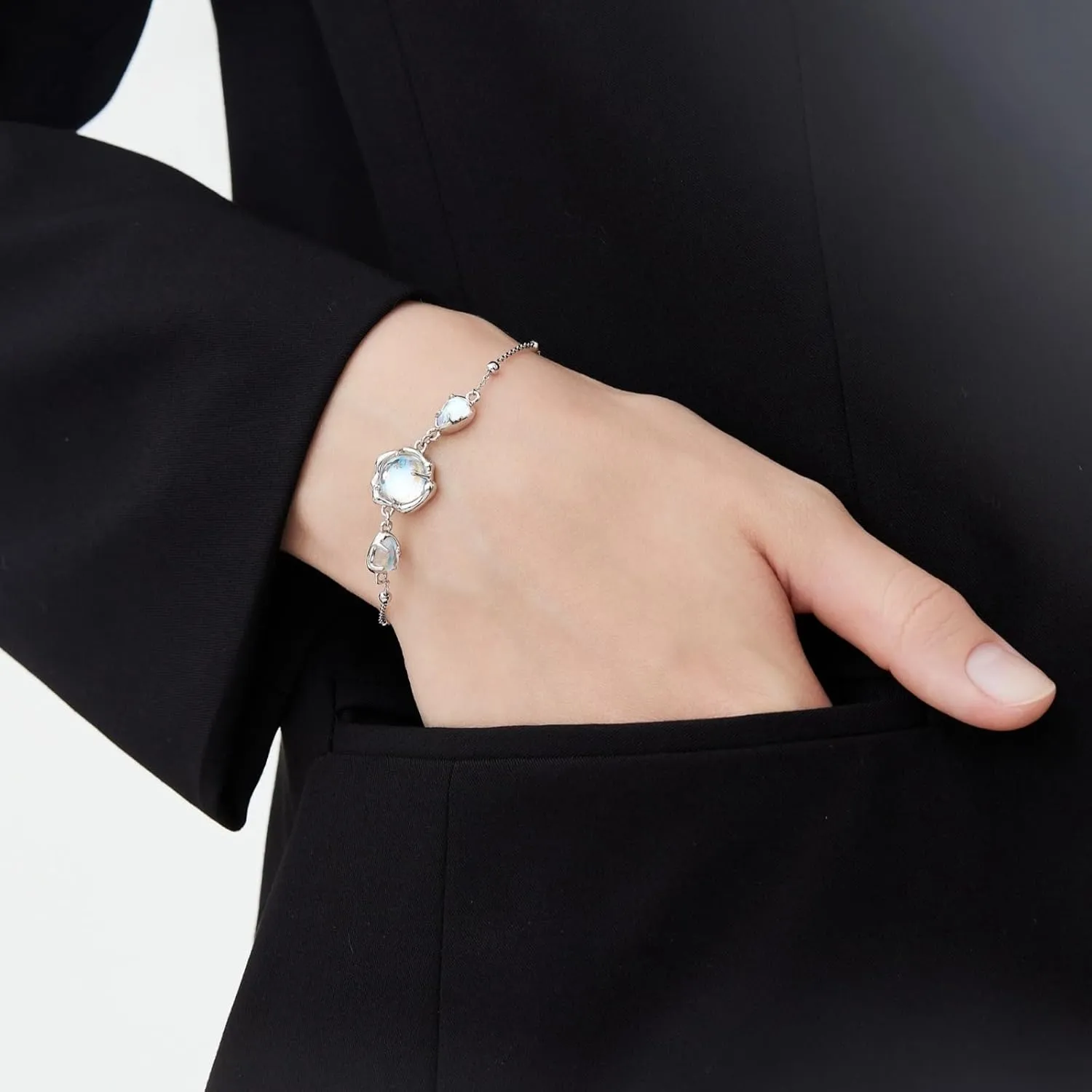 Cicy Bell Platinum Plated Link Bracelet for Women Synthetic Moonstone Adjustable Cable Chain Station Bracelets, 5.9"  1.9" Extender