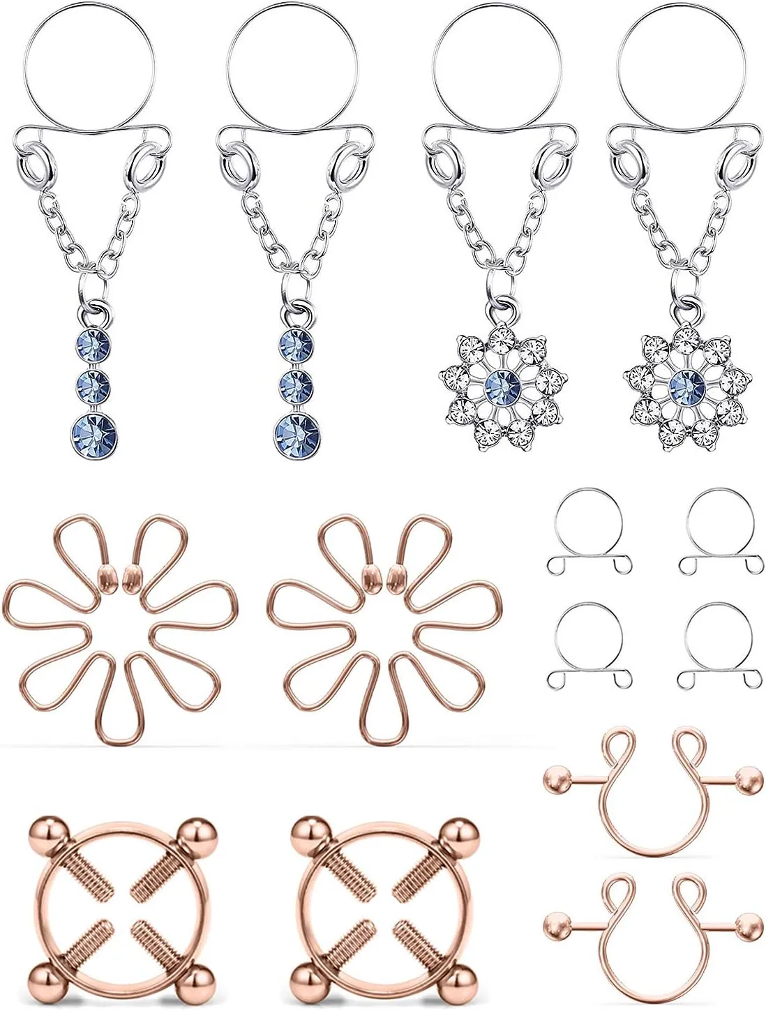 Cisyozi 5Pairs Stainless Steel Fake Nipple Rings for Women Non-Piercing Dangle Nipplerings Faux Body Piercing Jewelry
