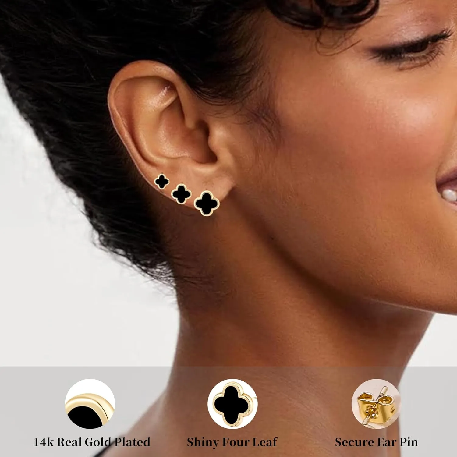 Clover Earring 3 Pair Small Clover Stud Earrings for Women Four Leaf Hypoallergenic Stainless Steel Earrings Sensitive Ears Simple Jewelry Birthday Christmas Anniversary Lucky Gifts/Black Earrings