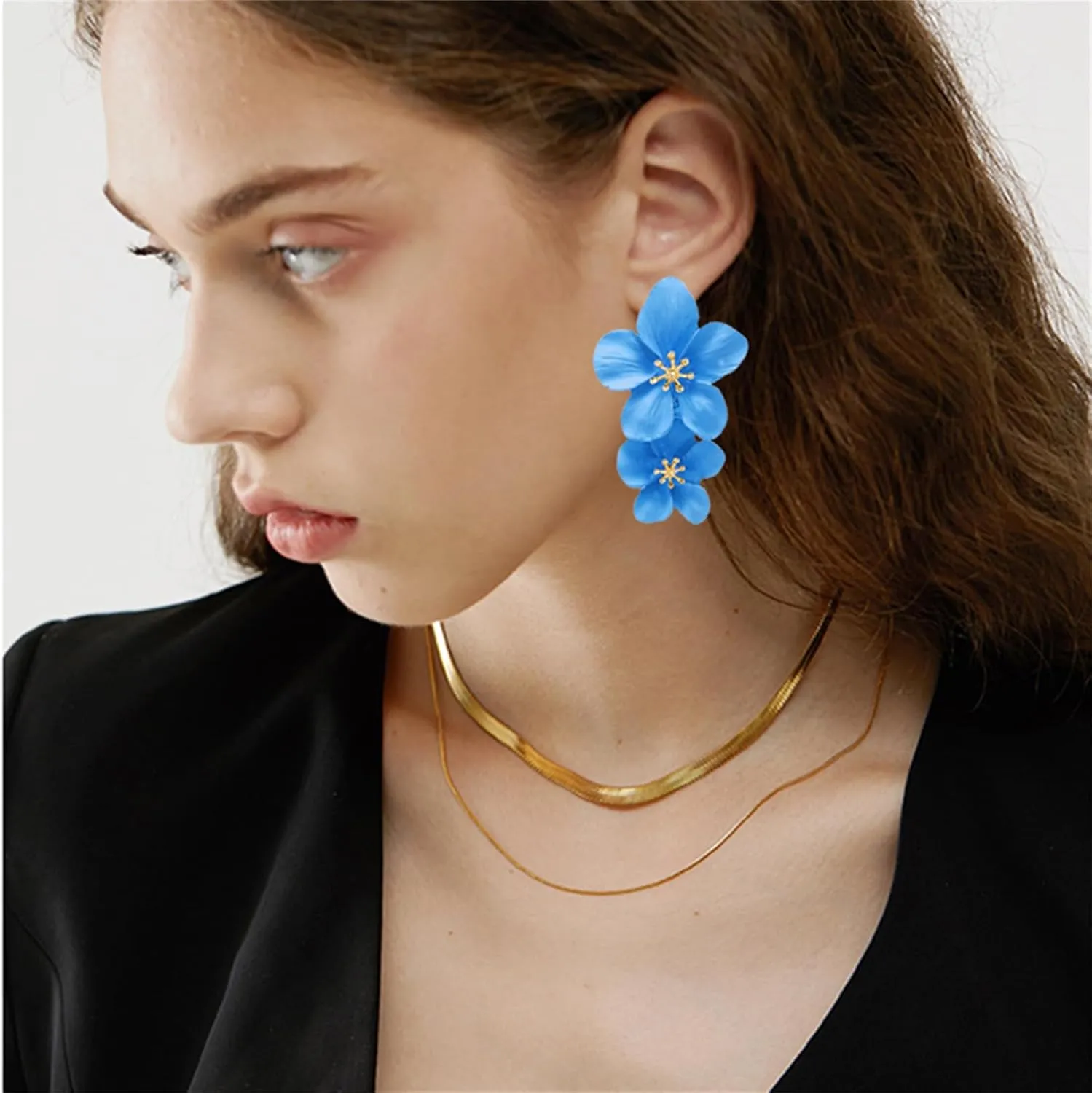 coadipress Pearl Flower Dangle Earrings Statement Stud Earring Large Metal Double Flower Matt Earring Boho Layered Floral Petal Drop Earrings for Women Mom Lover and Friends