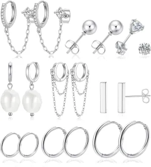Cocadant Small Silver Hoop Chain Earrings for Women,Hypoallergenic Dangle Pearl CZ Stud Cartilage Huggie Earring Sets for Multiple Piercing