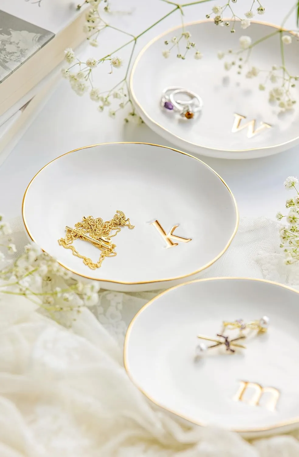 COLLECTIVE HOME - Ceramic Jewelry Tray, Decorative Trinket Dish for Rings Earrings Necklaces Bracelet Watch Keys, Birthday Mother's Day for Women, 4.75", White Surface (B)