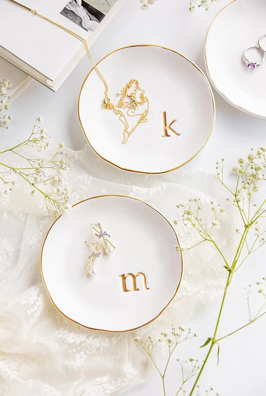 COLLECTIVE HOME - Ceramic Jewelry Tray, Decorative Trinket Dish for Rings Earrings Necklaces Bracelet Watch Keys, Birthday Mother's Day for Women, 4.75", White Surface (B)