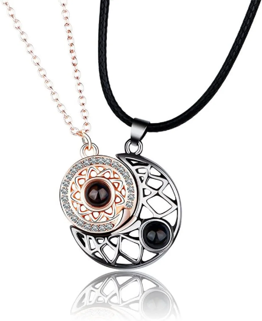 COLORFUL BLING 2Pcs Love Heart Matching Pendant Necklace Set 100 Languages I Love You Sun and Moon for Him and Her Couple Best Friends Promise Projection Jewelry