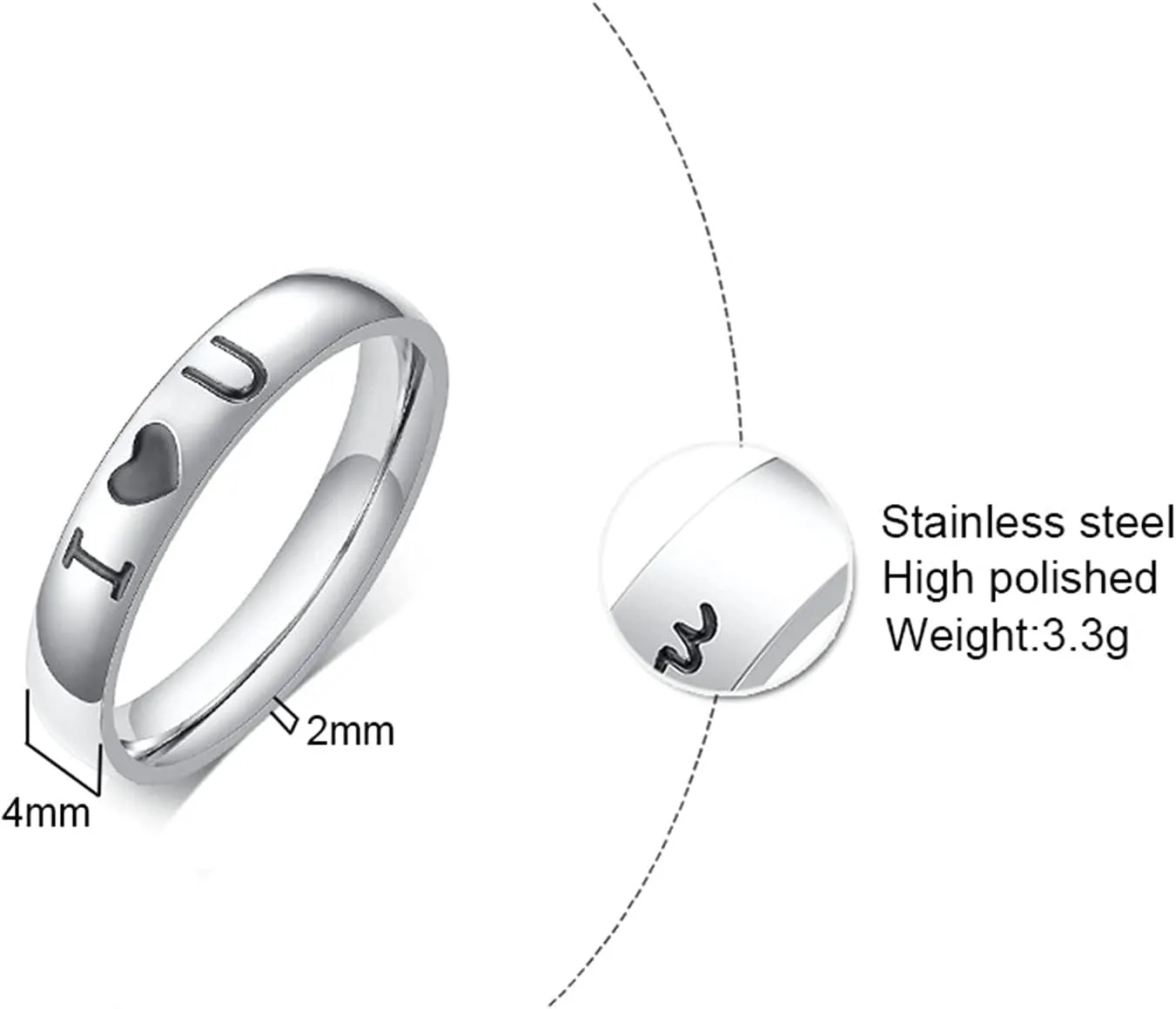 Couples Rings Silver, Stainless Steel Rings Engraved I Love U Heart