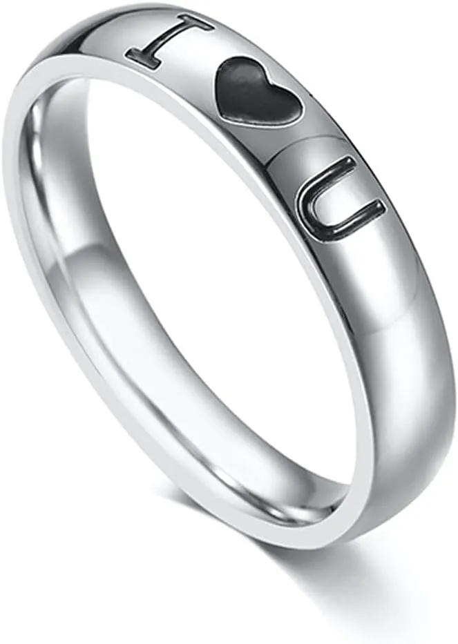 Couples Rings Silver, Stainless Steel Rings Engraved I Love U Heart