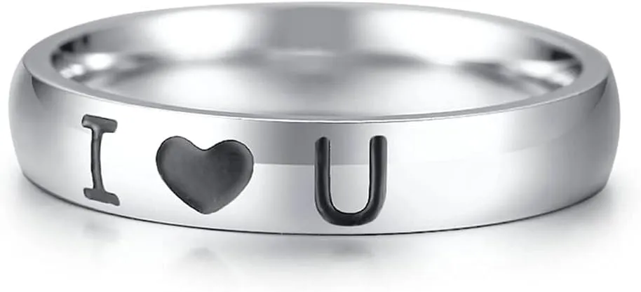 Couples Rings Silver, Stainless Steel Rings Engraved I Love U Heart