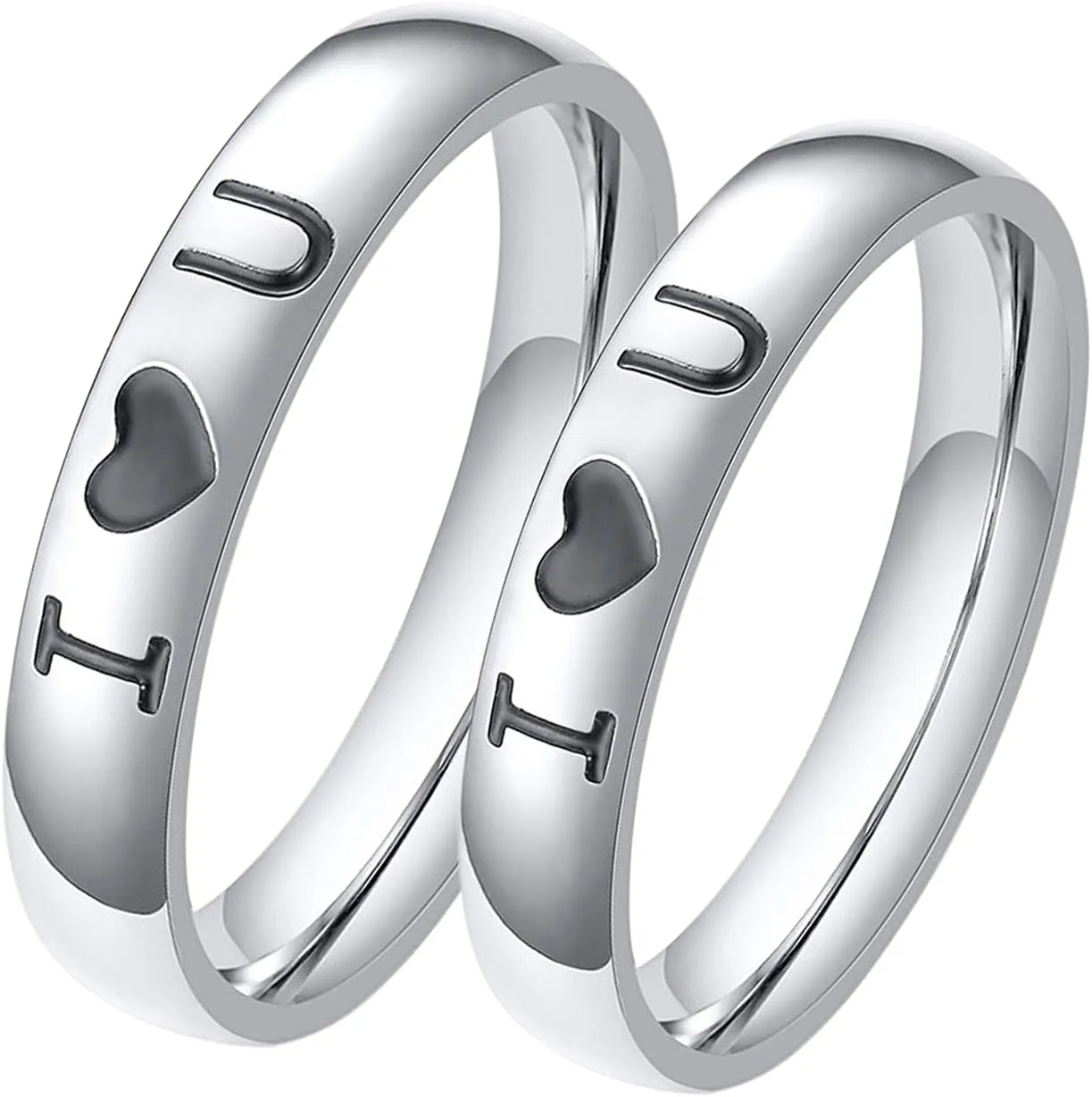 Couples Rings Silver, Stainless Steel Rings Engraved I Love U Heart