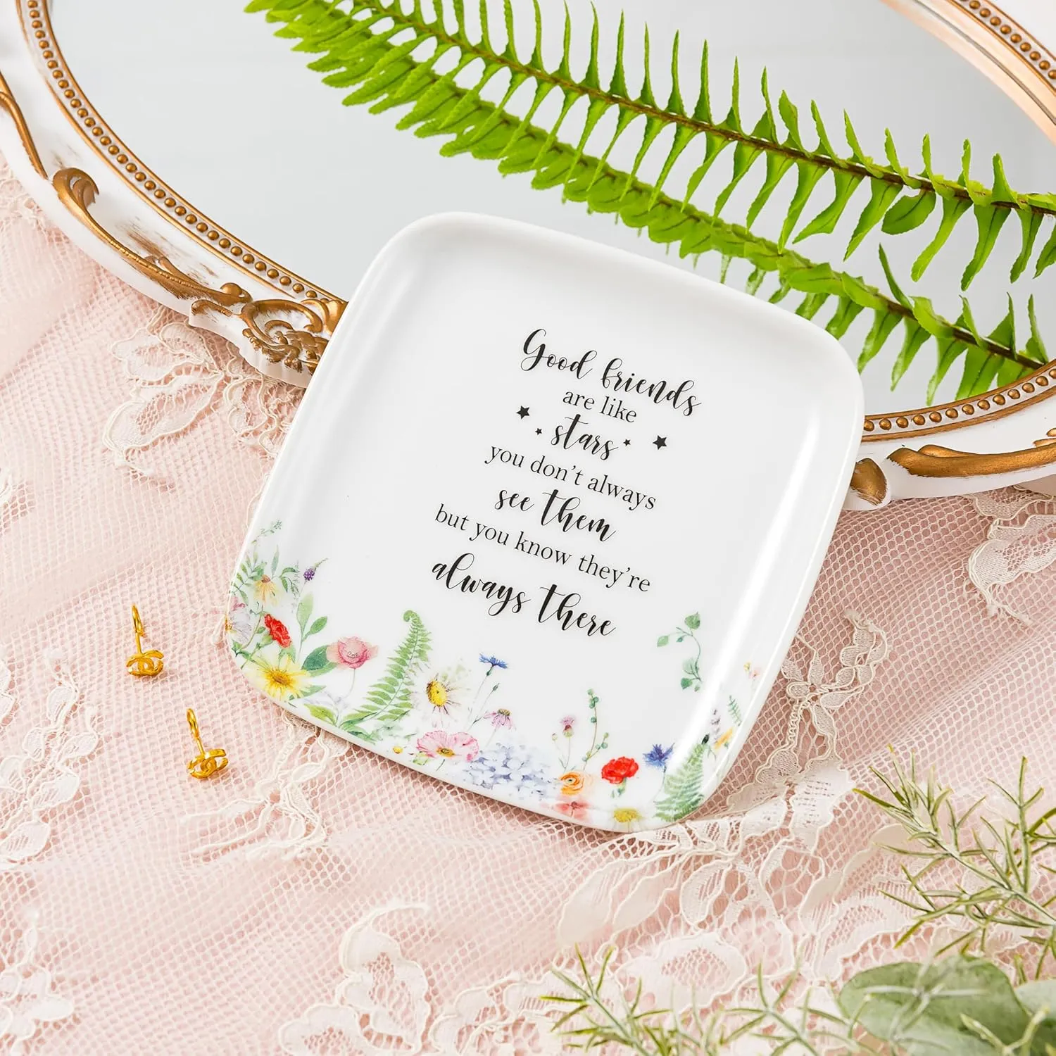 Crisky Jewelry Trinket Tray Ceramic Ring Dishes for Women, Best Female Friend, Sister, Mom Birthday Gifts for Earrings Necklaces Keys, Floral Design, Square, 4.5"