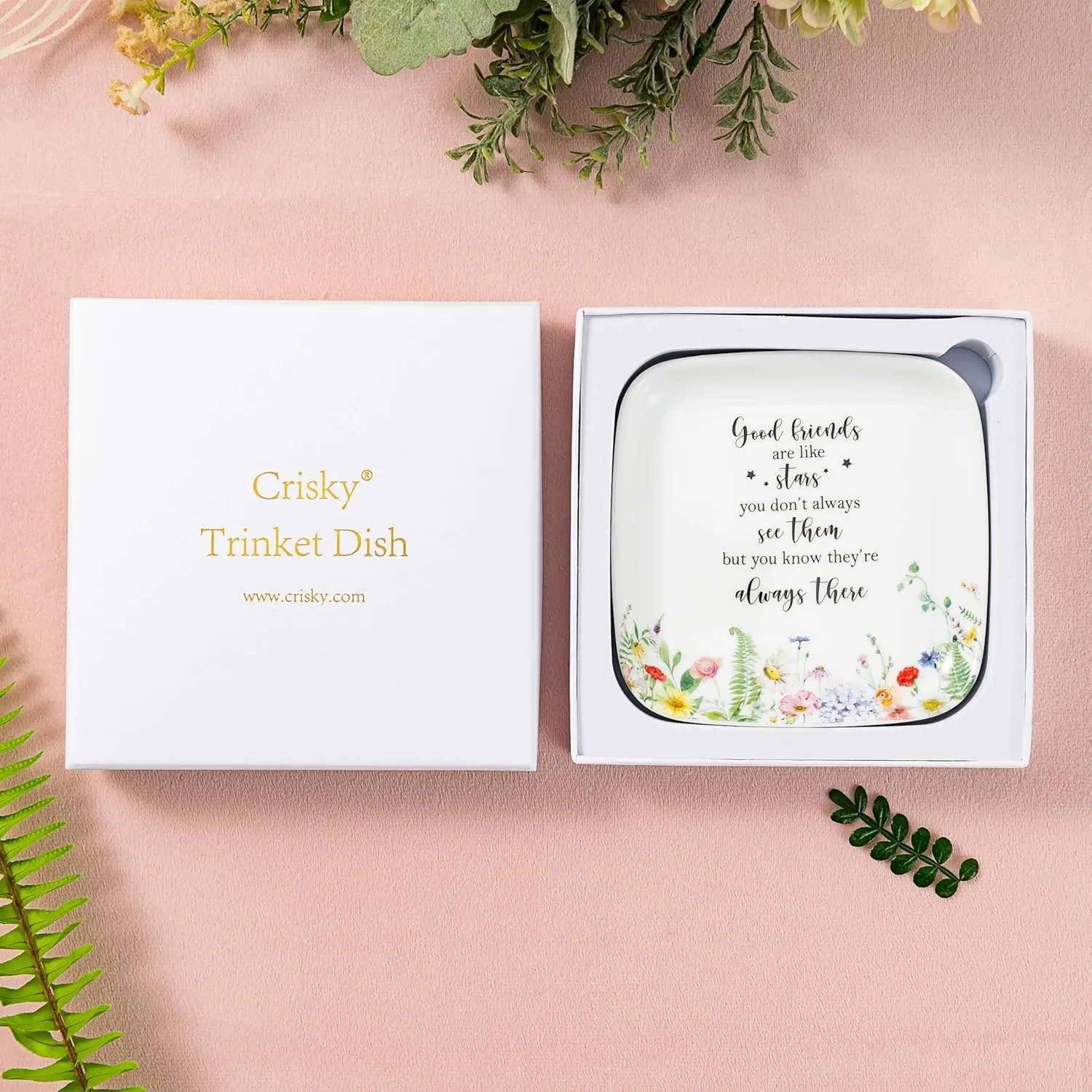Crisky Jewelry Trinket Tray Ceramic Ring Dishes for Women, Best Female Friend, Sister, Mom Birthday Gifts for Earrings Necklaces Keys, Floral Design, Square, 4.5"