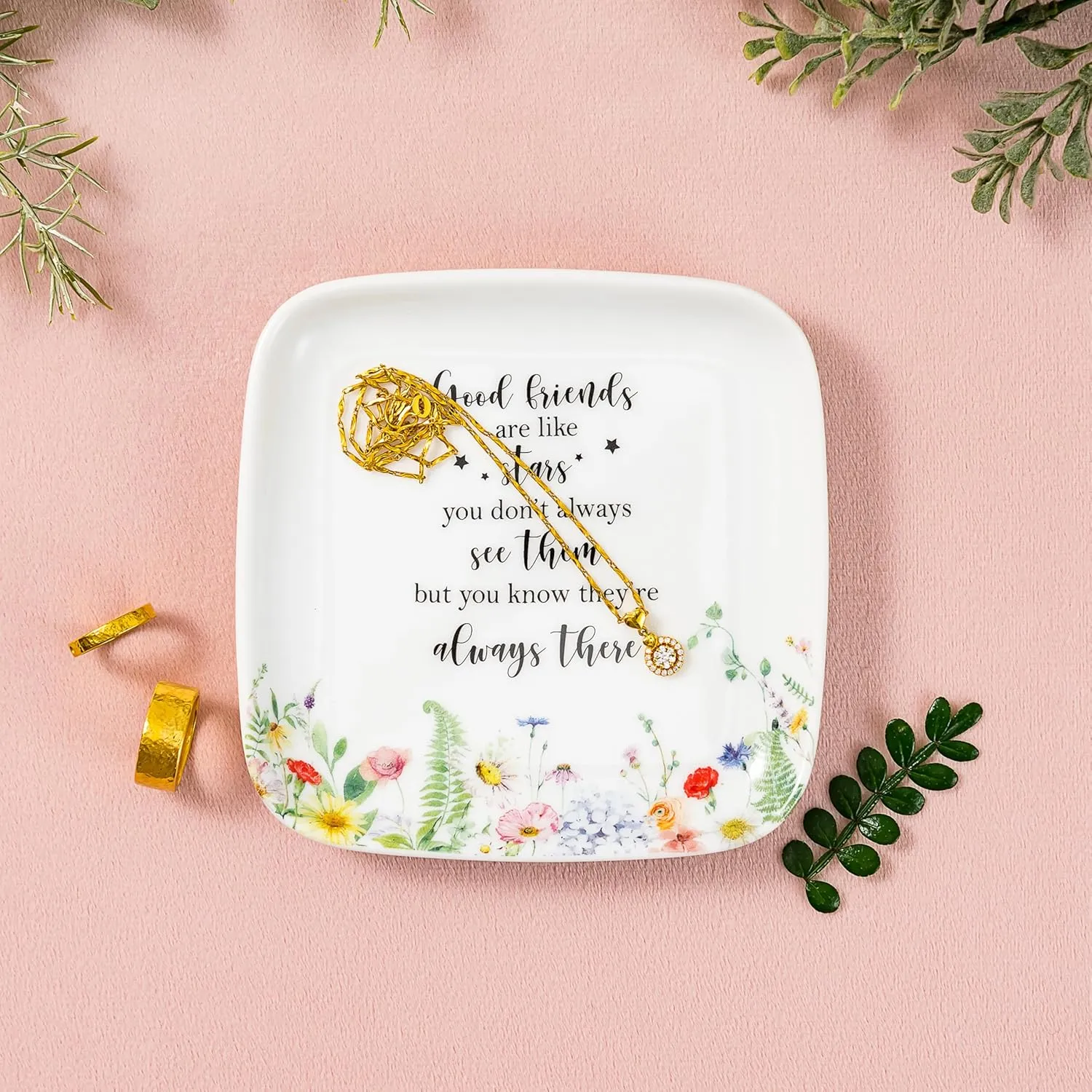 Crisky Jewelry Trinket Tray Ceramic Ring Dishes for Women, Best Female Friend, Sister, Mom Birthday Gifts for Earrings Necklaces Keys, Floral Design, Square, 4.5"