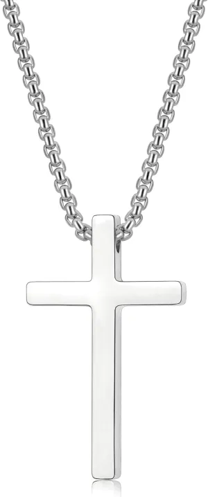 Cross Necklace for Men, Silver Toned Gold Black Cross Pendant Mens Cross Necklaces Stainless Steel Cross Chain for Men Christian Jewelry, Box Chain 16-24 Inch