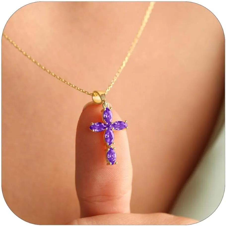 Cross Necklace for Women Dainty Gold Cross Birthstone Necklace 14K Gold Plated Cross Pendant Necklaces for Women Trendy Gold Jewelry Gifts
