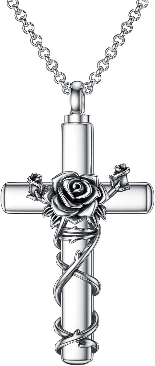 Cross Urn Necklace for Ashes 925 Sterling Silver Cross Birthstone/Birth Flower Cremation Necklaces Custom Personalized Name Memorial Keepsake Cross Jewelry Pendant for Women Men