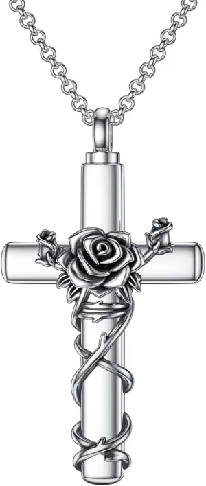 Cross Urn Necklace for Ashes 925 Sterling Silver Cross Birthstone/Birth Flower Cremation Necklaces Custom Personalized Name Memorial Keepsake Cross Jewelry Pendant for Women Men