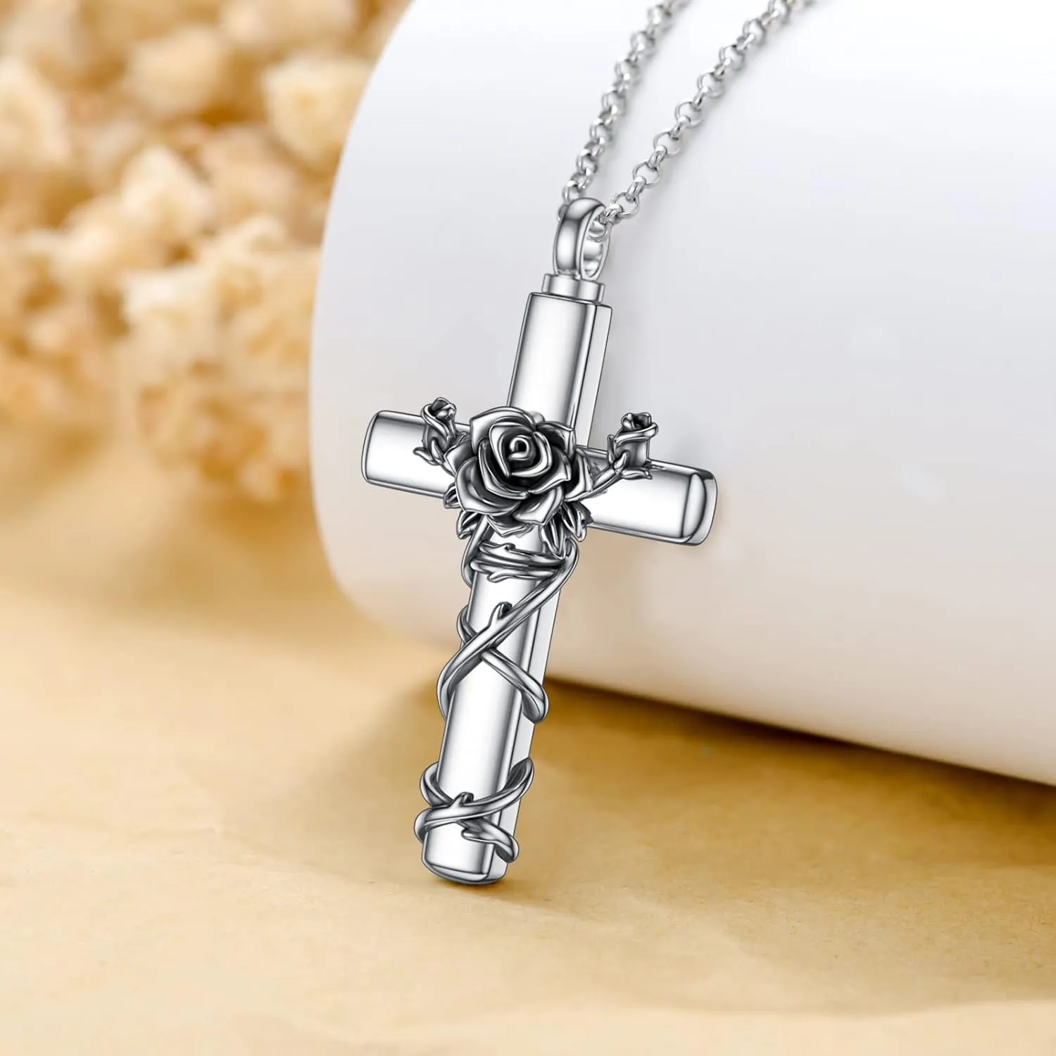 Cross Urn Necklace for Ashes 925 Sterling Silver Cross Birthstone/Birth Flower Cremation Necklaces Custom Personalized Name Memorial Keepsake Cross Jewelry Pendant for Women Men