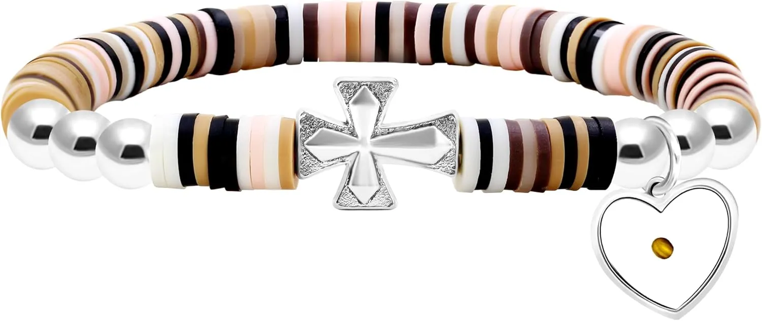 Cute Gradient Style Vinyl Heishi Polymer Clay Beads Bracelets Trendy Side Cross Bracelet with Heart Mustard Seed Charm