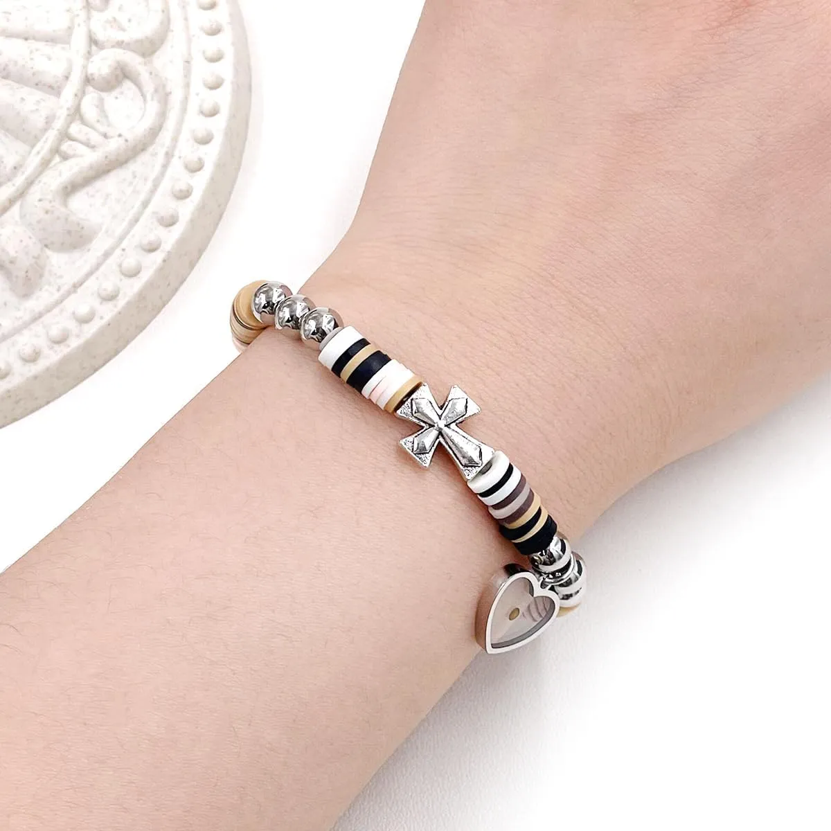 Cute Gradient Style Vinyl Heishi Polymer Clay Beads Bracelets Trendy Side Cross Bracelet with Heart Mustard Seed Charm