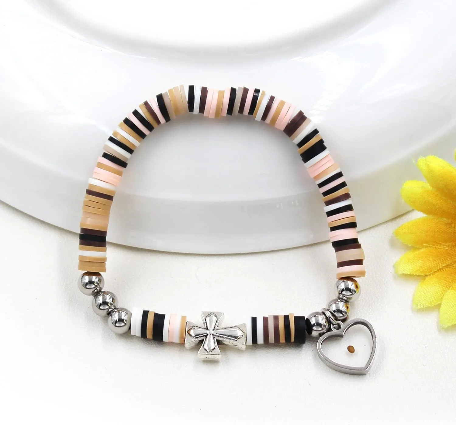 Cute Gradient Style Vinyl Heishi Polymer Clay Beads Bracelets Trendy Side Cross Bracelet with Heart Mustard Seed Charm