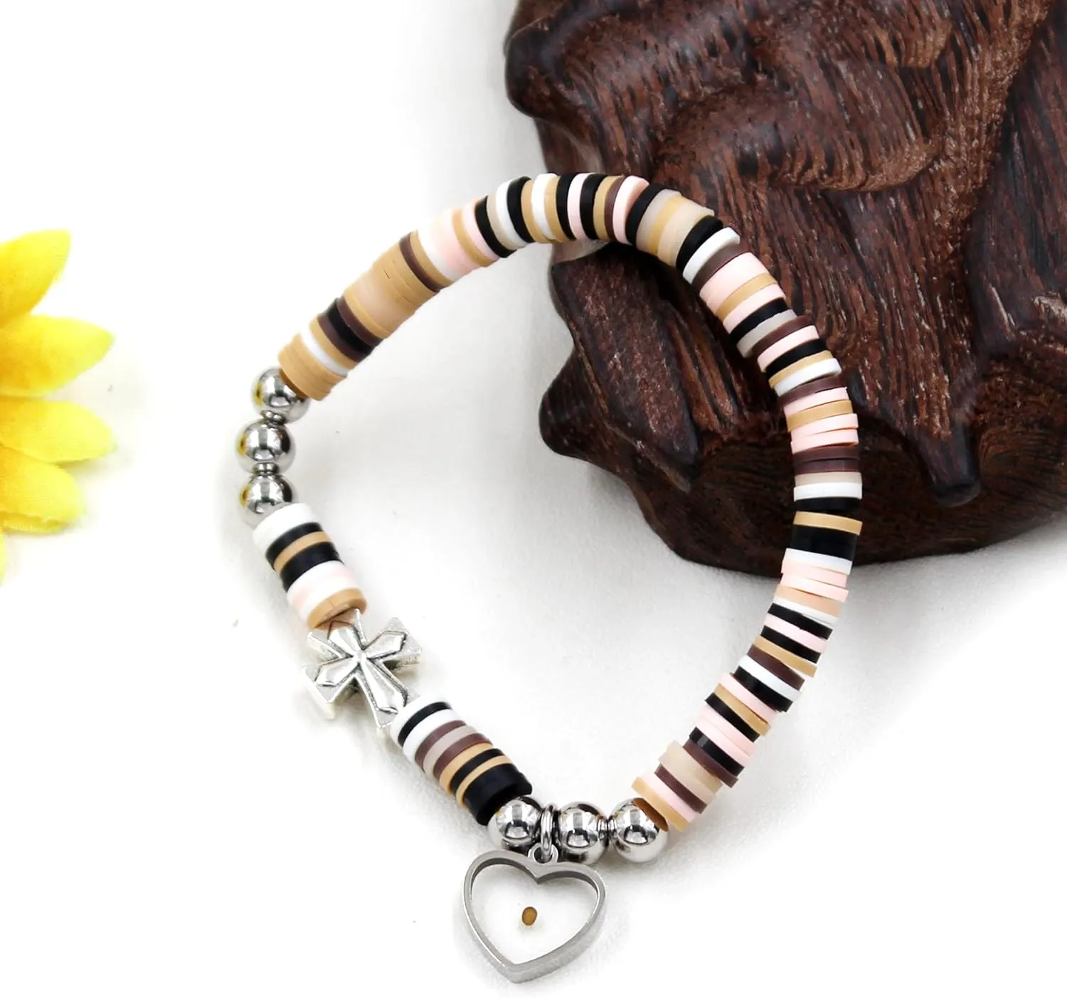 Cute Gradient Style Vinyl Heishi Polymer Clay Beads Bracelets Trendy Side Cross Bracelet with Heart Mustard Seed Charm