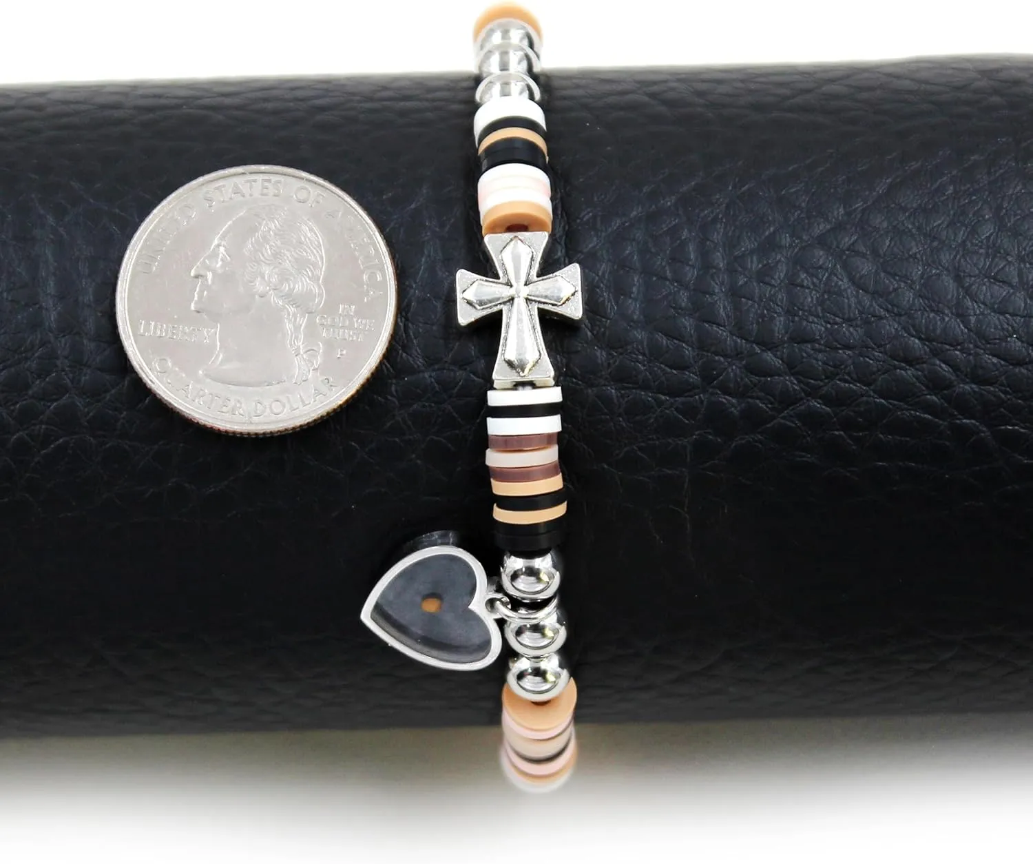 Cute Gradient Style Vinyl Heishi Polymer Clay Beads Bracelets Trendy Side Cross Bracelet with Heart Mustard Seed Charm