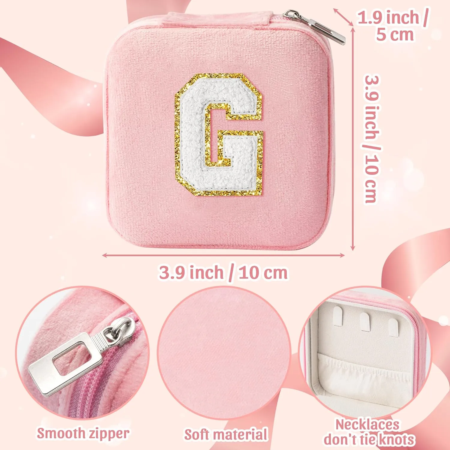CY2SIDE Letter Velvet Travel Jewelry Case for Women Girls - Pink Organizer for Ring, Earring, Necklace, Bracelet, Pendant - Vacation Gift for Lovers - Letter G