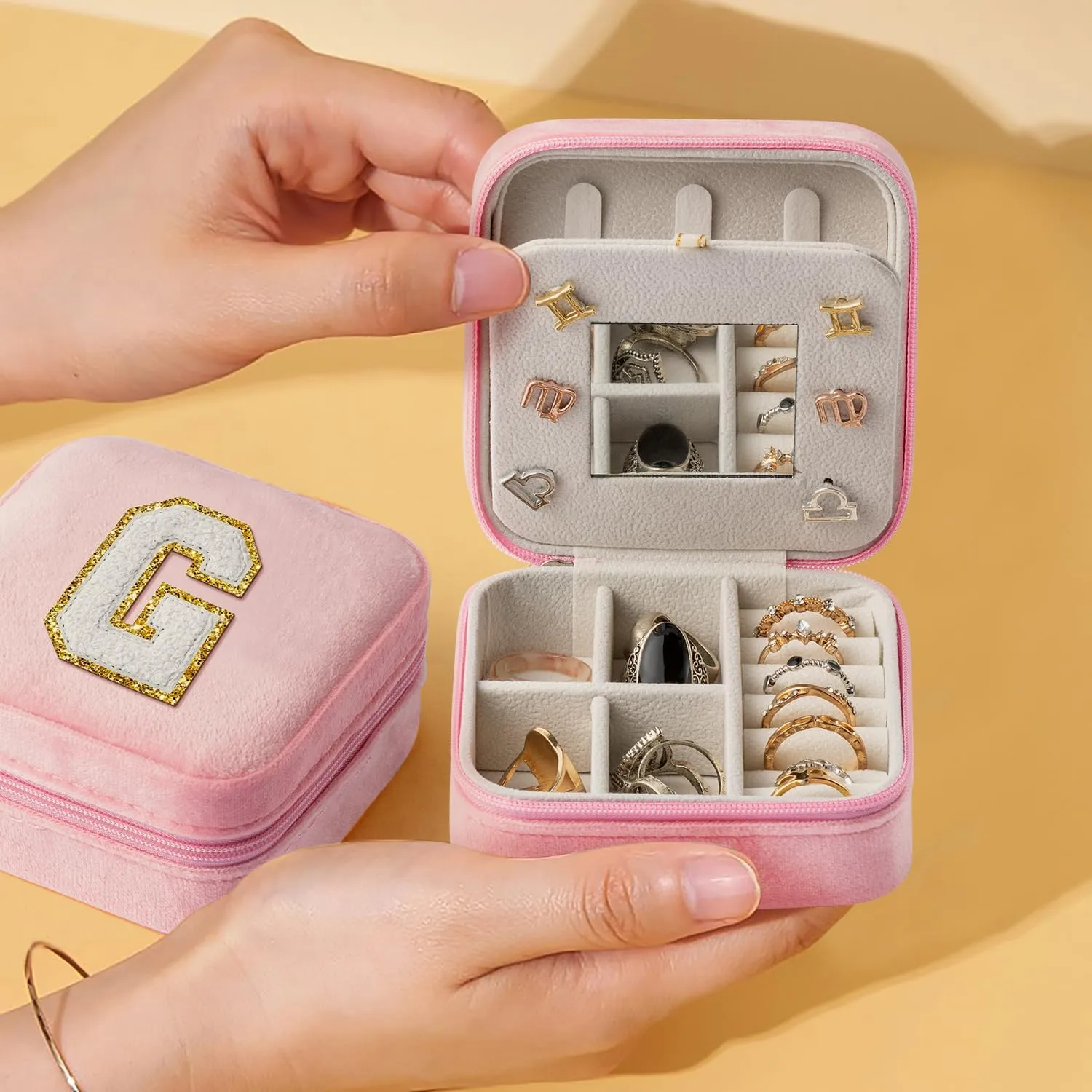 CY2SIDE Letter Velvet Travel Jewelry Case for Women Girls - Pink Organizer for Ring, Earring, Necklace, Bracelet, Pendant - Vacation Gift for Lovers - Letter G